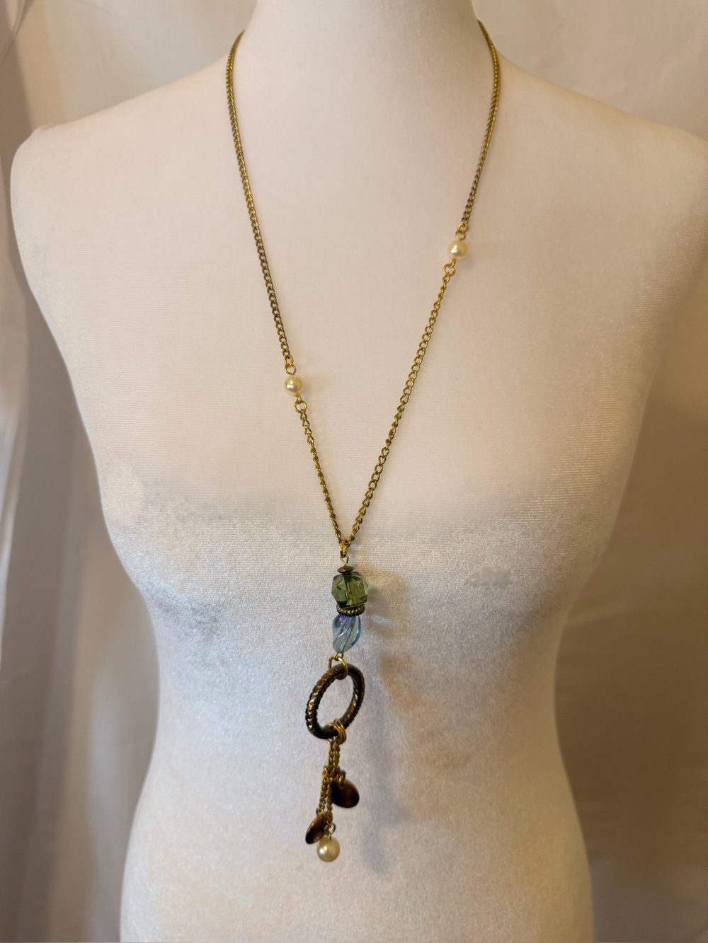 Vintage JCPenney Long Gold-Tone Pendant Necklace w/Green Crystal & Pearl Accents